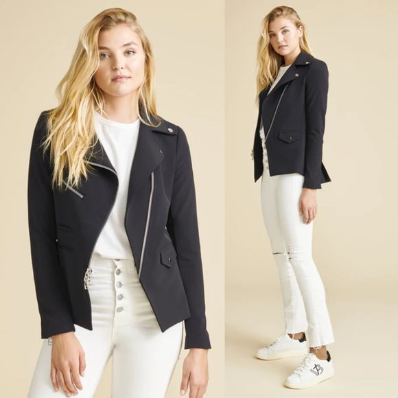 Veronica Beard Scuba Hadley Moto Jacket Sz 2 Black Wrinkle-resistant Stretch - Picture 1 of 10